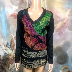 Desigual Long Sleeve Black Rainbow Paisley Shirt V Neck Size M T Shirt